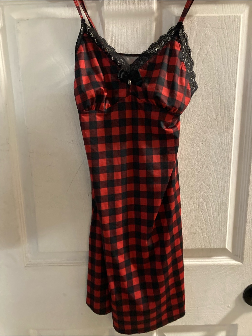 La Vie En Rose Red & Black Plaid Lace-Trim Slip Chemise